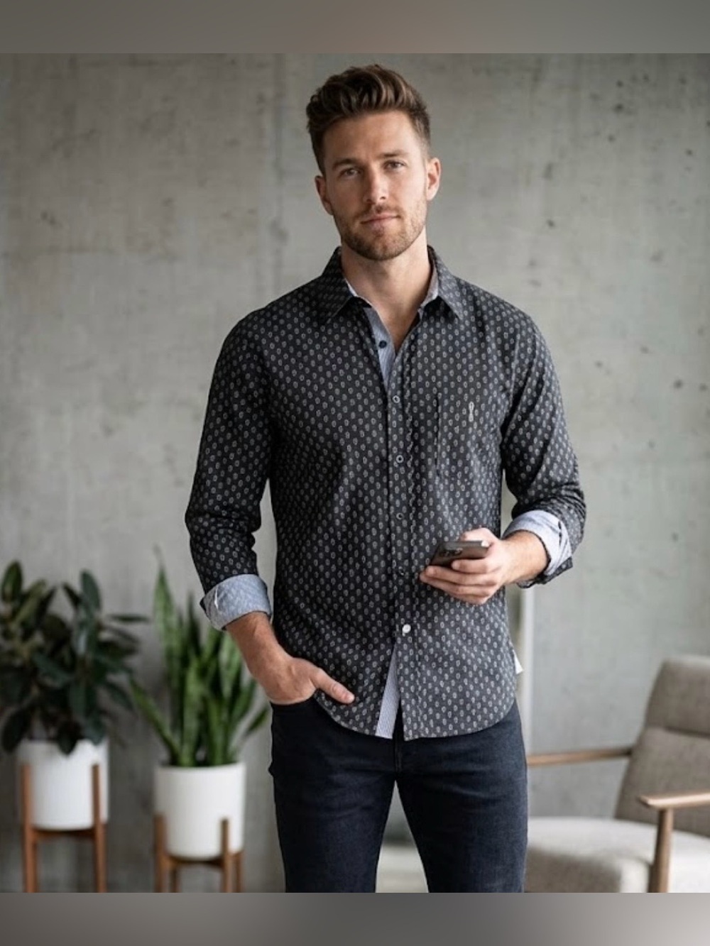 SMASH Men's Black Patterned Long-Sleeve Button-Up Shirt SIZE M